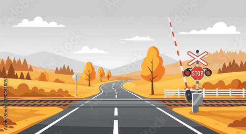 Autumn landscape with a railroad crossing and a winding road