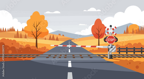 Autumn landscape with a railway crossing and a road ahead