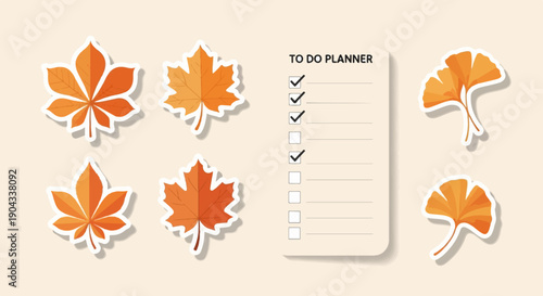 Autumn leaves and to-do planner with checkmarks on a cream background