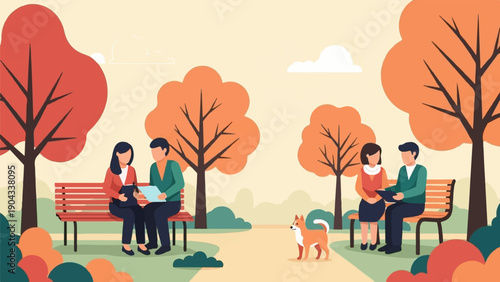 Autumn park scene with couples and a dog on a bench