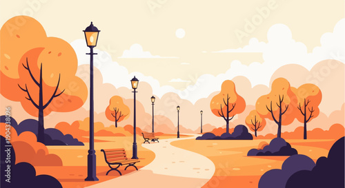 Autumn park scene with curving path, benches, lampposts, and stylized trees