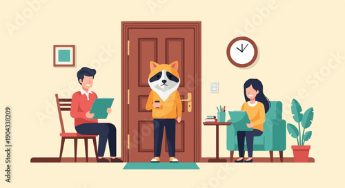 Anthropomorphic raccoon holding a drink before a door, greeted by seated people
