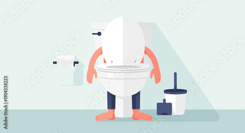 Anthropomorphic toilet with arms, legs, and pants stands in a bathroom