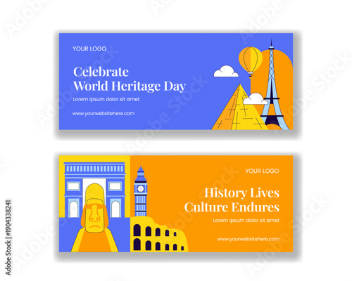World Heritage Day Horizontal Banner with Flat Cartoon Hand Drawn Illustration Style