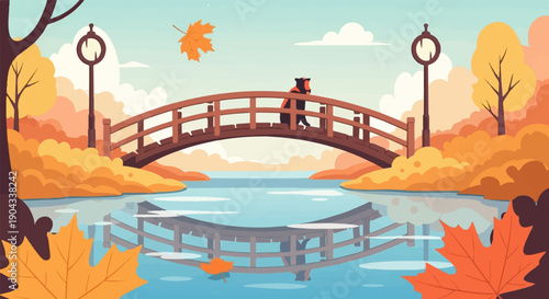 Autumnal park scene with a lone figure on a bridge over reflective water