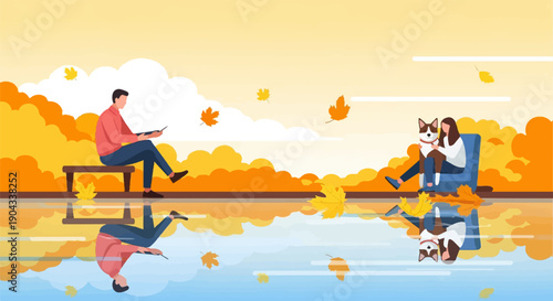 Autumnal scene with people and dog by reflective water, falling leaves