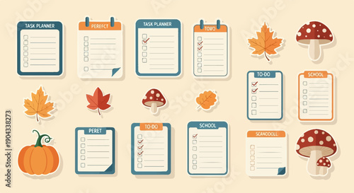 Autumn-themed stationery planners, lists, leaves, mushrooms, pumpkin
