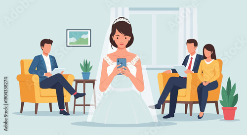 Bride in wedding dress with phone, flanked by two couples in armchairs