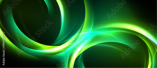 Abstract green swirls, luminous curves, dynamic flow. Dark background emphasizes bright neon shapes, creating modern visual impact.