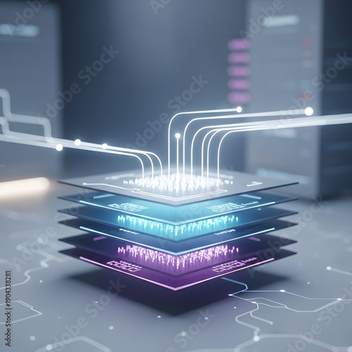 Wallpaper Mural Futuristic microchip layers connected with neon circuits in a high-tech lab environment viewed from above Torontodigital.ca