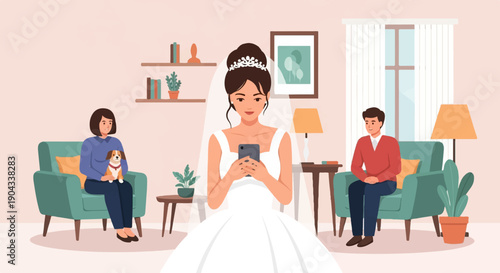 Bride on phone, woman with dog, man sit in room
