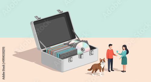 Briefcase of discs, people, and dog in a flat, pastel scene