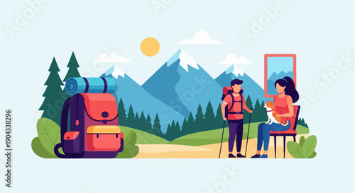 Backpackers enjoy sunny mountain scenery with dog and outdoor gear