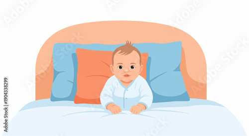 Baby in a white onesie lying on a bed with pillows