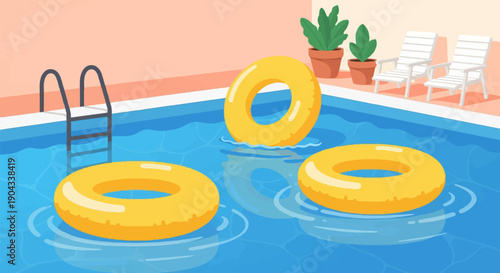 Bright yellow inflatable rings float on a cool blue swimming pool, near a ladder