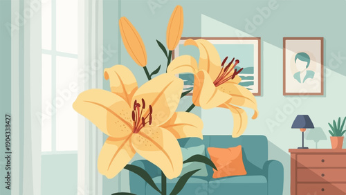 Bright yellow lilies bloom beside a teal sofa in a room with a window