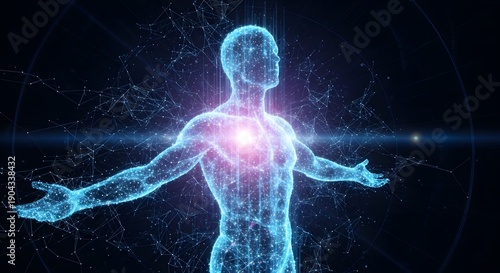 Wallpaper Mural Digital representation of human form with glowing heart center and outstretched arms in futuristic network environment Torontodigital.ca
