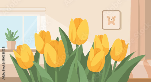 Bright yellow tulips arranged indoors with a potted plant by the window