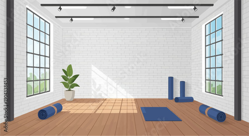 Bright yoga studio with large windows, brick walls, and mats