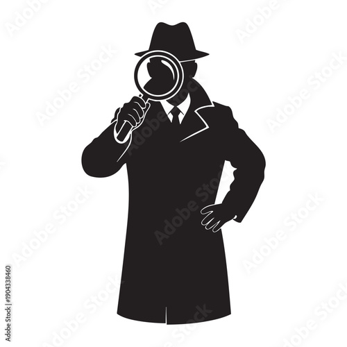 Intriguing Detective Magnifying Glass Silhouette Vector, Private Investigator Clues Search, Mystery Solver Illustration
