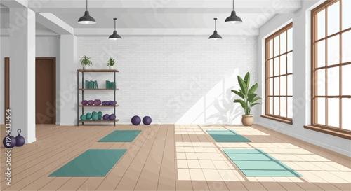 Bright yoga studio with mats, weights, plants, and large windows