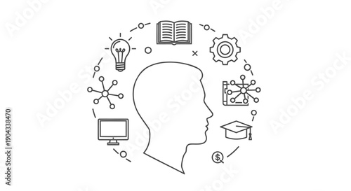 Education and learning concept with human head surrounded by icons, vector illustration for website, banner or presentation