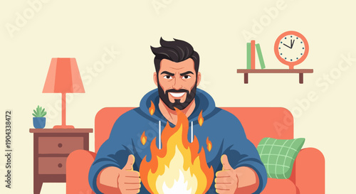 Bearded man in hoodie, smiling, giving thumbs up, with fire in front