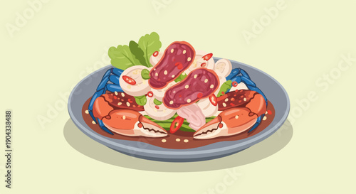 Brightly colored crab salad dish with fresh herbs and sliced chili peppers