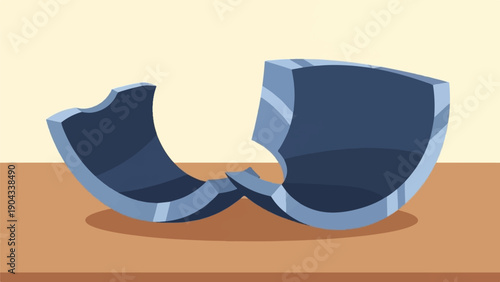 Broken blue ceramic vase, its pieces on a wooden table