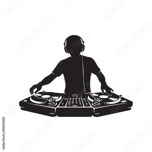 Dynamic DJ Mixing Decks Silhouette Vector, Professional Disk Jockey Performance, Turntable Audio Entertainment Illustration