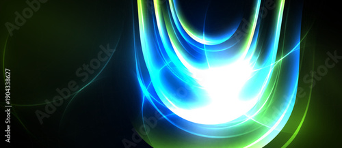 Abstract light design. Bright glow emanates from center, curves flow outward into dark background. Vivid blues, greens dominate.