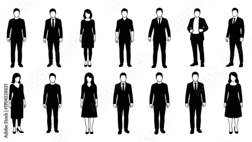 Silhouettes of diverse business people in formal attire standing in rows