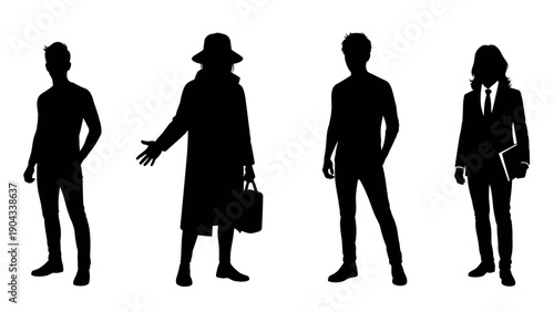 Silhouettes of four individuals in diverse attire standing in a row