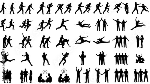 Silhouettes of people in various dynamic poses and activities