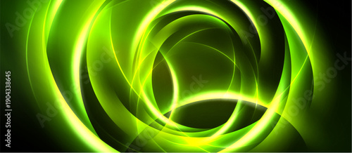 Bright green swirling lines form abstract circular patterns against dark background. Vivid luminosity creates dynamic visual effect.