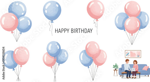 Celebratory balloons float near a couple using a laptop on a couch