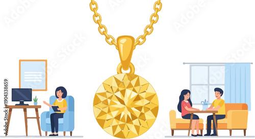 Central pendant on chain beside people working and conversing
