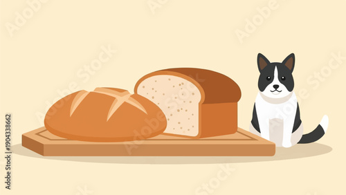 Cartoon dog sits with bread loaves on wooden board