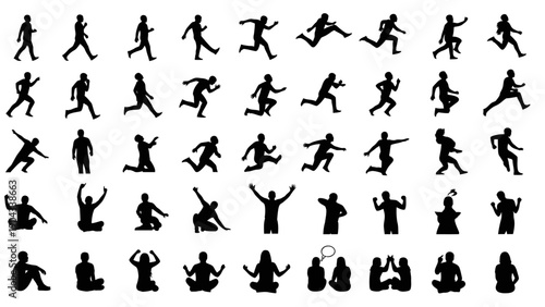 Silhouettes of people in various dynamic and active poses