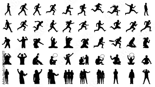 Collection of diverse black silhouettes depicting human figures in motion
