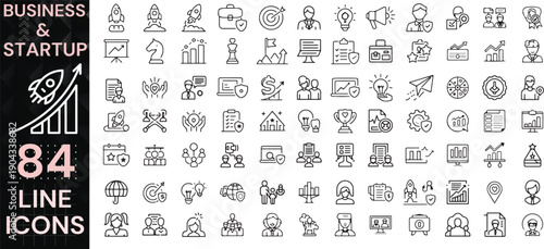 Business and Startup Line Vector Icons Set Including Entrepreneurship, Innovation, Strategy, Teamwork and Growth Concepts