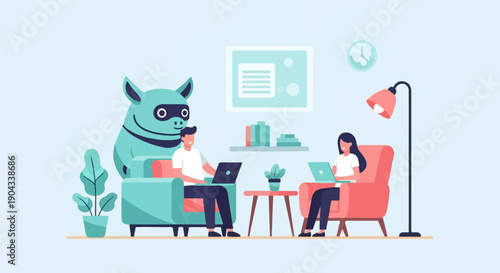 Characters work on laptops in a room with a robot friend