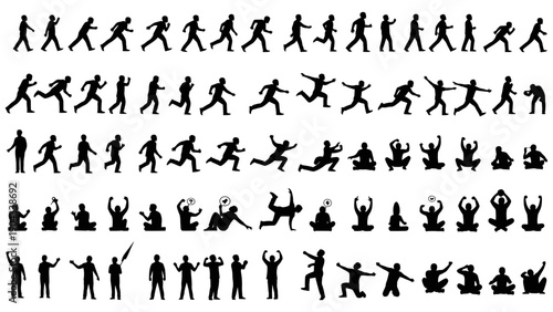 Silhouettes of people in various walking and running poses arranged in rows