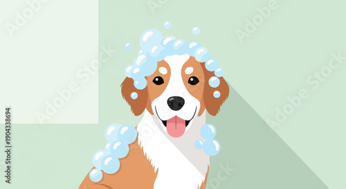 Cartoon dog with sudsy head enjoys a bath with soap bubbles