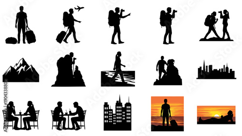 Travel and tourism icons people landmarks and vacation scenes