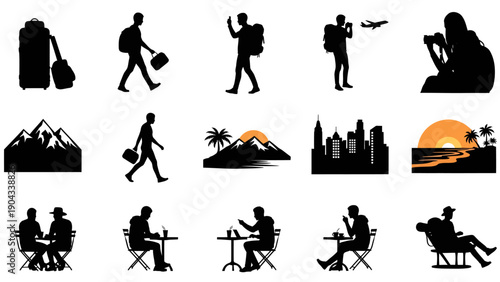 Travel and leisure silhouettes people landmarks and vacation scenes