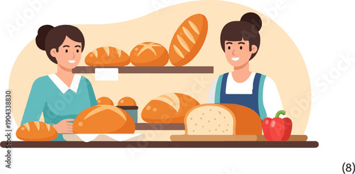 Cheerful bakers present fresh bread and vegetables in a welcoming bakery