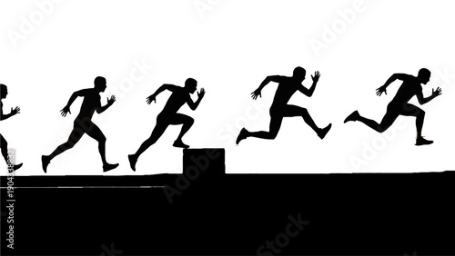 Silhouettes of runners in motion against a vibrant sunset sky