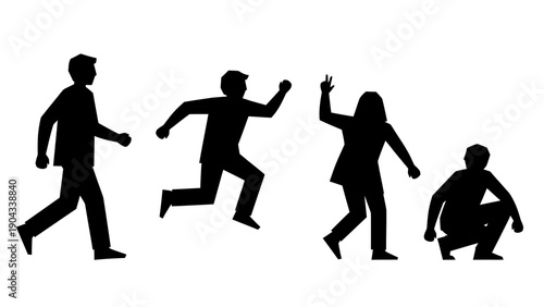 Silhouettes of people in various dynamic poses suggesting movement and activity