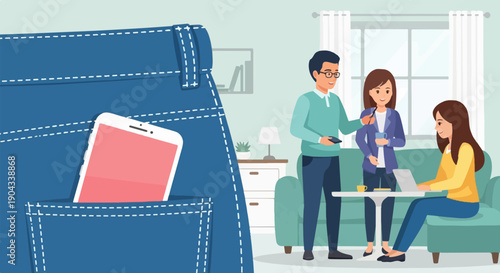 Close-up of jeans pocket with phone; people in living room collaborate